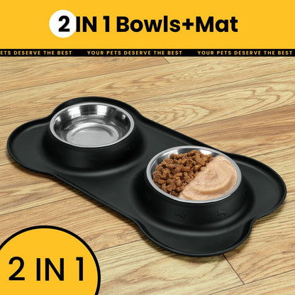 Dog Bowls with Silicone Feeding Mat, No Spill Food Water Dish Set, Dishwasher Safe, 2 Stainless Steel Puppy Bowls, Suitable for Tiny Dogs Kittens Cats Rabbits Pets under 8Lbs, Extra Small,Black