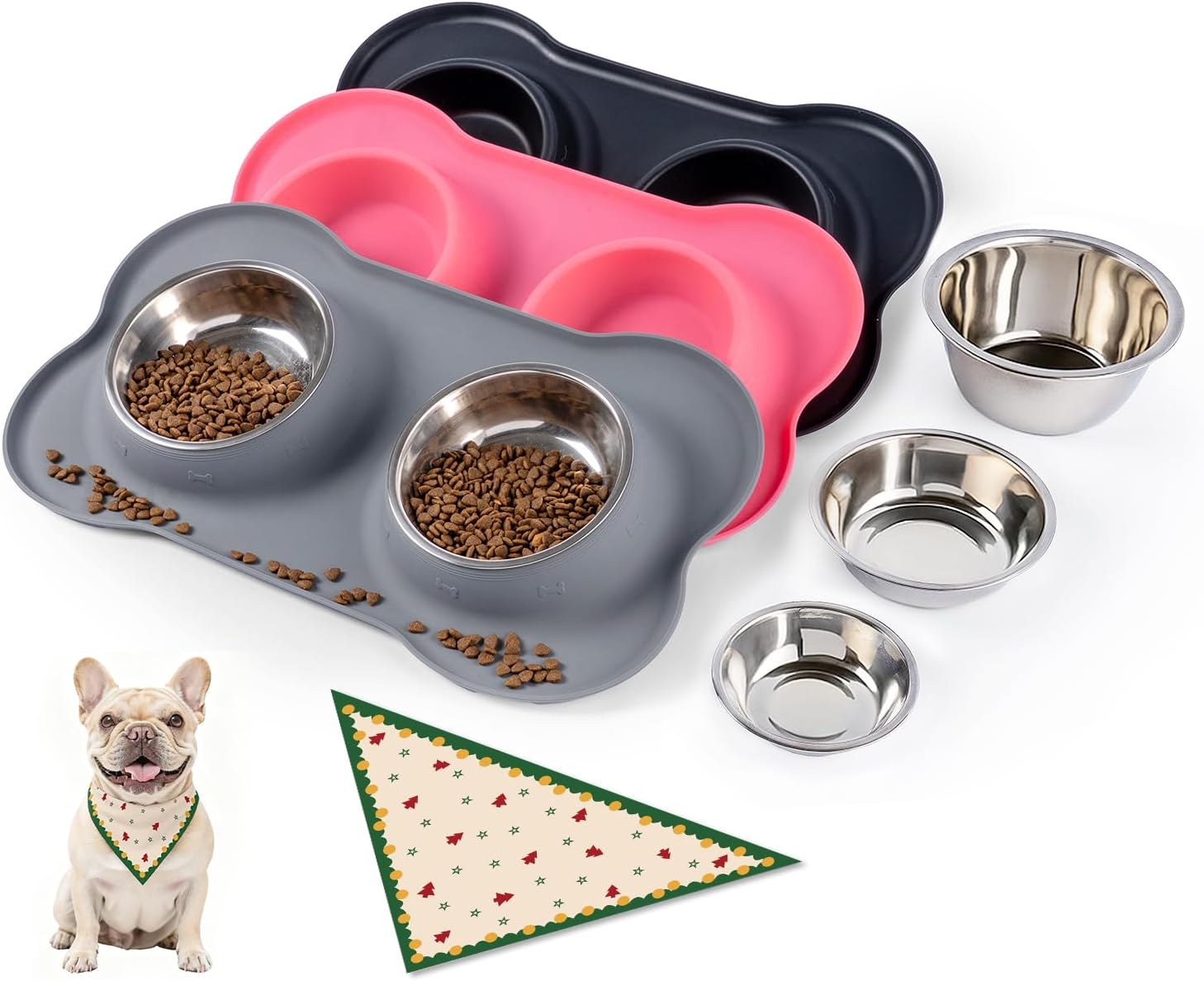 Dog Bowls with Silicone Feeding Mat, No Spill Food Water Dish Set, Dishwasher Safe, 2 Stainless Steel Puppy Bowls, Suitable for Tiny Dogs Kittens Cats Rabbits Pets under 8Lbs, Extra Small,Black