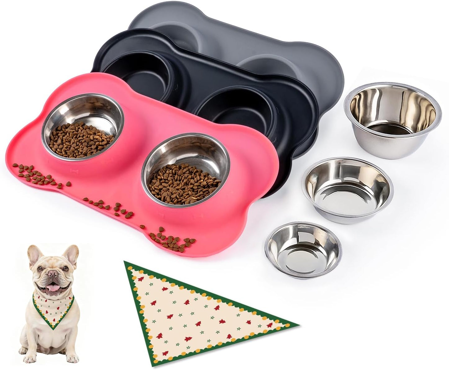 Dog Bowls with Silicone Feeding Mat, No Spill Food Water Dish Set, Dishwasher Safe, 2 Stainless Steel Puppy Bowls, Suitable for Tiny Dogs Kittens Cats Rabbits Pets under 8Lbs, Extra Small,Black