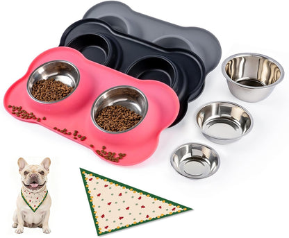 Dog Bowls with Silicone Feeding Mat, No Spill Food Water Dish Set, Dishwasher Safe, 2 Stainless Steel Puppy Bowls, Suitable for Tiny Dogs Kittens Cats Rabbits Pets under 8Lbs, Extra Small,Black