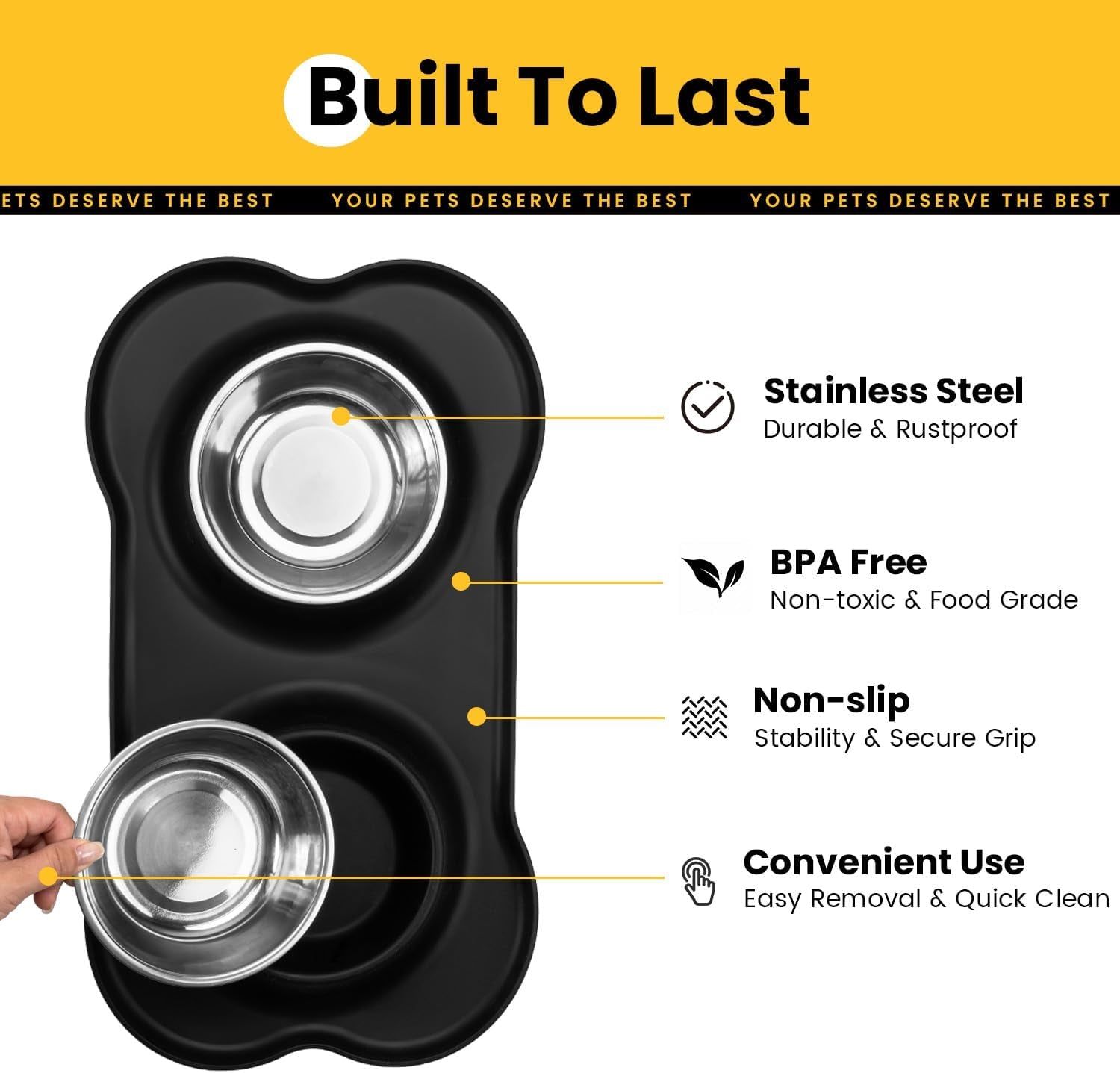 Dog Bowls with Silicone Feeding Mat, No Spill Food Water Dish Set, Dishwasher Safe, 2 Stainless Steel Puppy Bowls, Suitable for Tiny Dogs Kittens Cats Rabbits Pets under 8Lbs, Extra Small,Black