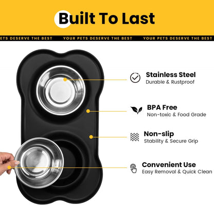 Dog Bowls with Silicone Feeding Mat, No Spill Food Water Dish Set, Dishwasher Safe, 2 Stainless Steel Puppy Bowls, Suitable for Tiny Dogs Kittens Cats Rabbits Pets under 8Lbs, Extra Small,Black