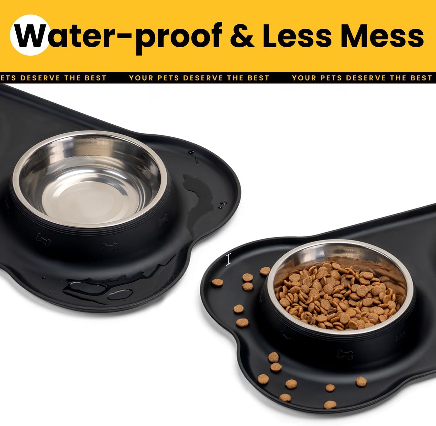 Dog Bowls with Silicone Feeding Mat, No Spill Food Water Dish Set, Dishwasher Safe, 2 Stainless Steel Puppy Bowls, Suitable for Tiny Dogs Kittens Cats Rabbits Pets under 8Lbs, Extra Small,Black