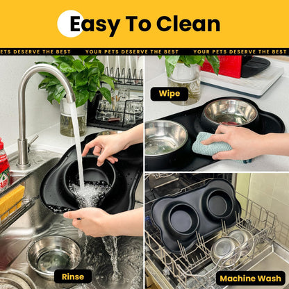 Dog Bowls with Silicone Feeding Mat, No Spill Food Water Dish Set, Dishwasher Safe, 2 Stainless Steel Puppy Bowls, Suitable for Tiny Dogs Kittens Cats Rabbits Pets under 8Lbs, Extra Small,Black