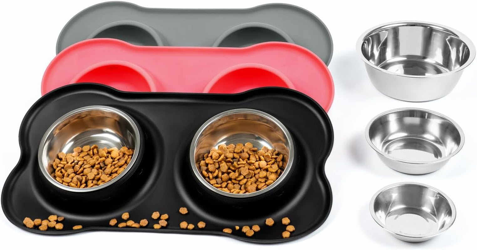 Dog Bowls with Silicone Feeding Mat, No Spill Food Water Dish Set, Dishwasher Safe, 2 Stainless Steel Puppy Bowls, Suitable for Tiny Dogs Kittens Cats Rabbits Pets under 8Lbs, Extra Small,Black