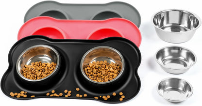 Dog Bowls with Silicone Feeding Mat, No Spill Food Water Dish Set, Dishwasher Safe, 2 Stainless Steel Puppy Bowls, Suitable for Tiny Dogs Kittens Cats Rabbits Pets under 8Lbs, Extra Small,Black