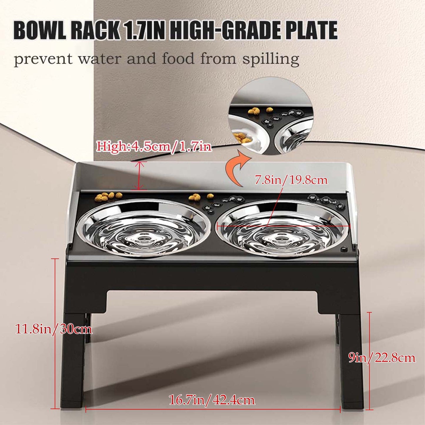 Elevated Stainless Steel Dog Double Bowls with Mess Proof High Wall