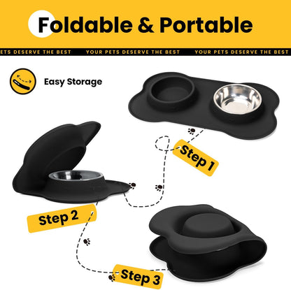 Dog Bowls with Silicone Feeding Mat, No Spill Food Water Dish Set, Dishwasher Safe, 2 Stainless Steel Puppy Bowls, Suitable for Tiny Dogs Kittens Cats Rabbits Pets under 8Lbs, Extra Small,Black